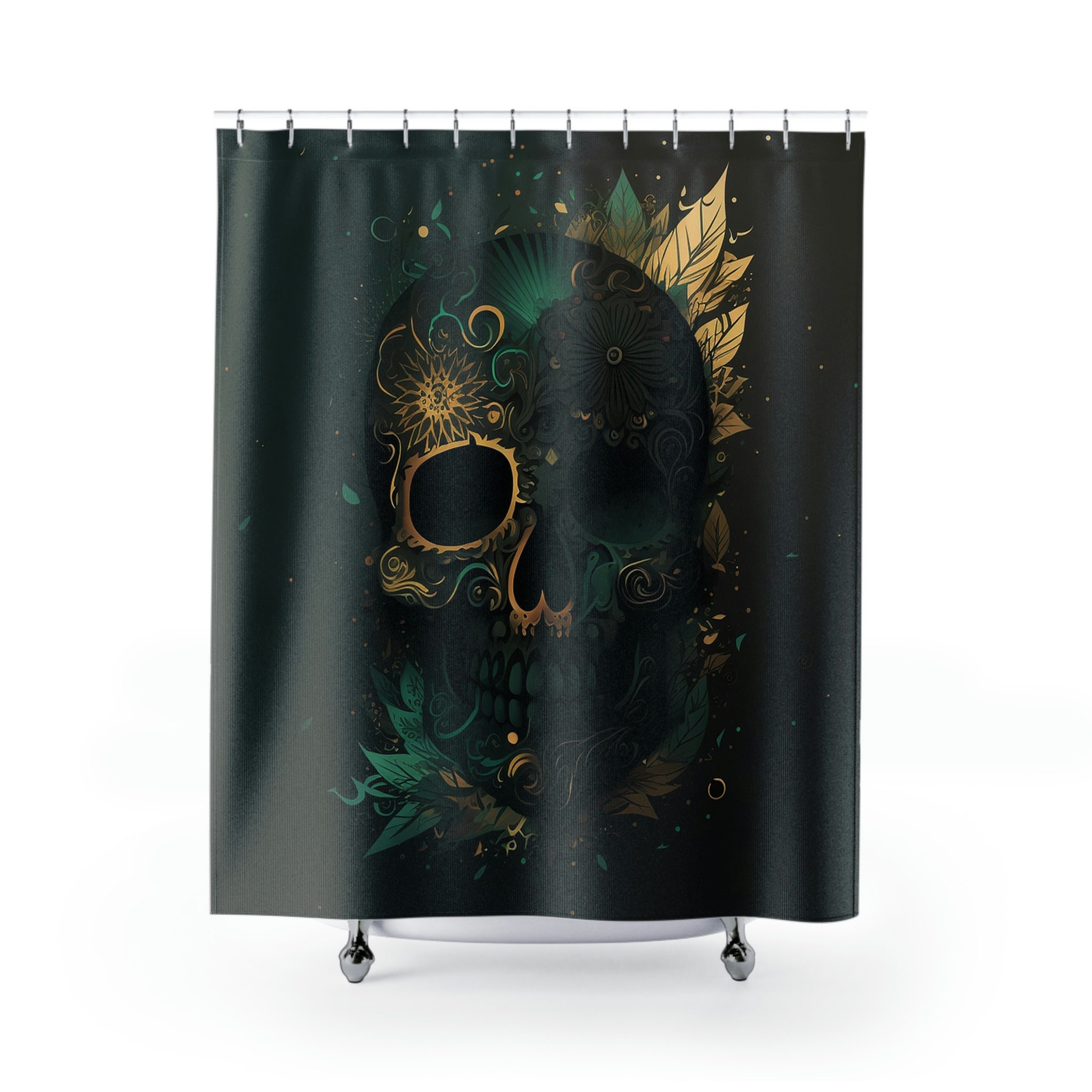 Striking Green And Gold Skull Shower Curtain For Bold Bathroom Decor