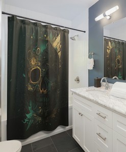 Striking Green And Gold Skull Shower Curtain For Bold Bathroom Decor