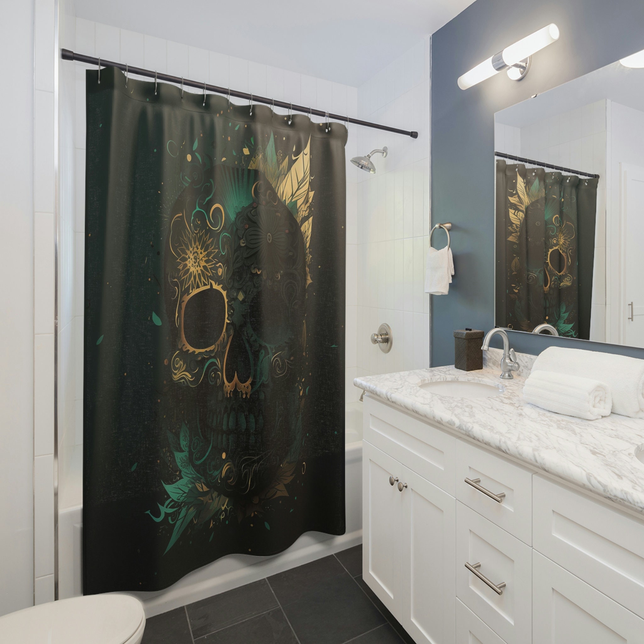 Striking Green And Gold Skull Shower Curtain For Bold Bathroom Decor
