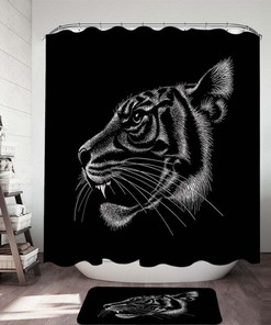 Striking Tiger Head Profile Shower Curtain In Black Background, Perfect For Any Wildlife-Themed Bathroom