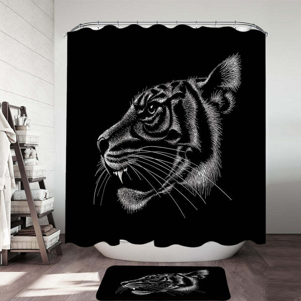 Striking Tiger Head Profile Shower Curtain In Black Background, Perfect For Any Wildlife-Themed Bathroom