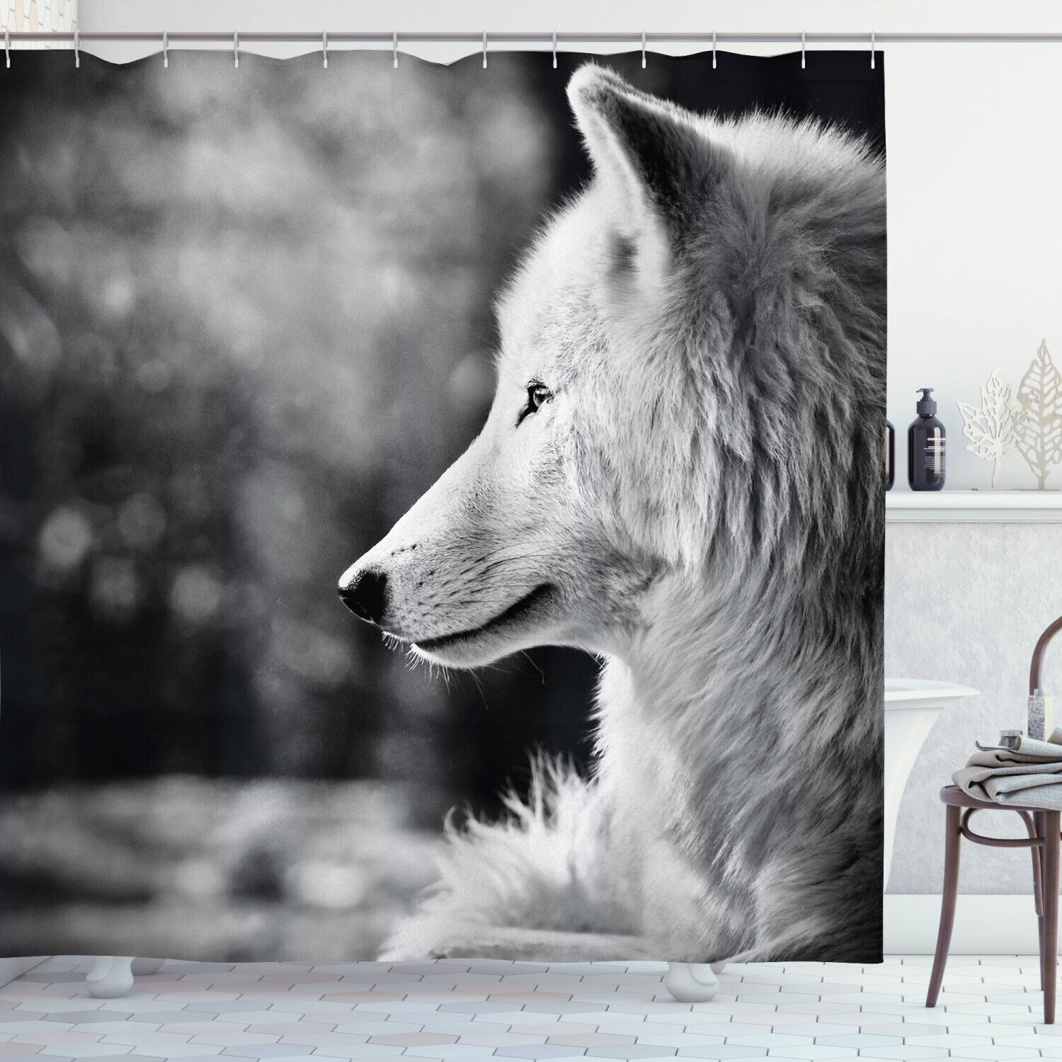 Striking Wolf Portrait Print Shower Curtain In Black And White, A Perfect Addition To Your Wildlife-Themed Decor