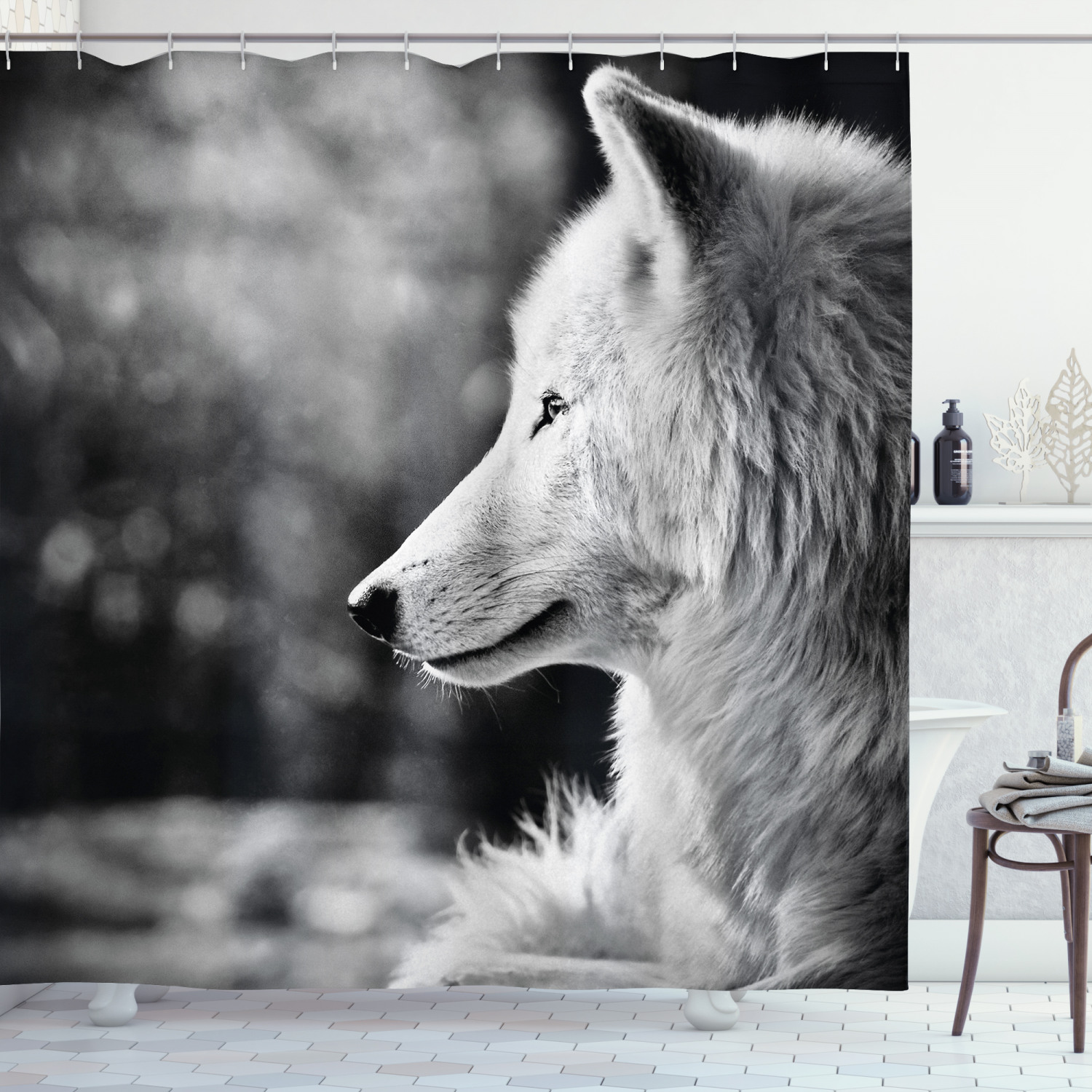 Striking Wolf Portrait Print Shower Curtain In Black And White, A Perfect Addition To Your Wildlife-Themed Decor - Image 3