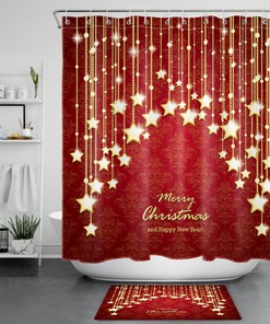 String Star And Red Floral Christmas Shower Curtain - Waterproof Fabric Bathroom Decor