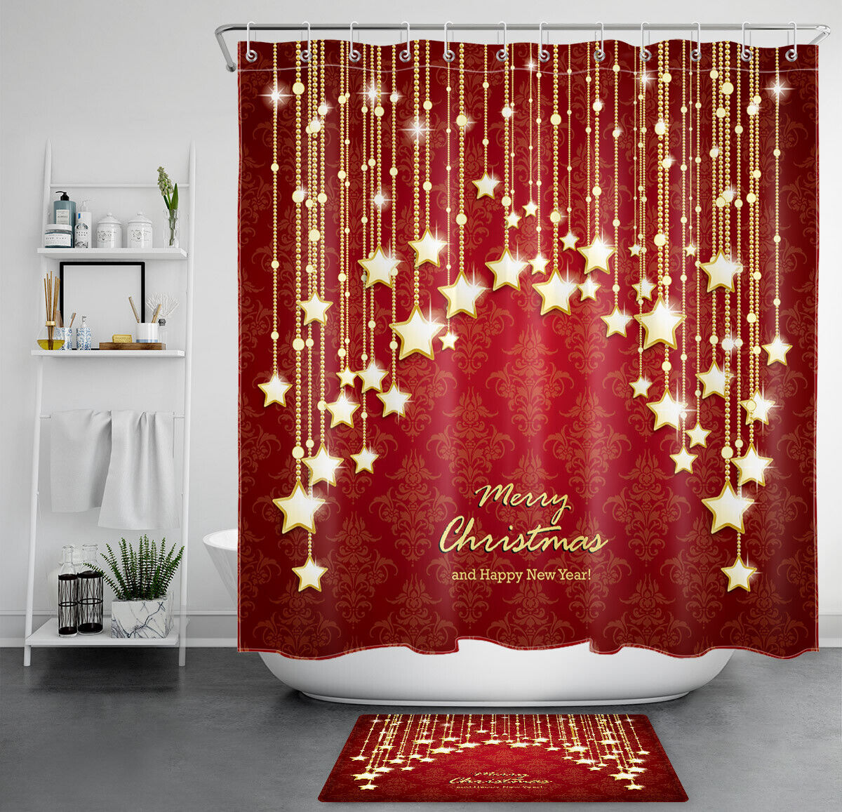 String Star And Red Floral Christmas Shower Curtain - Waterproof Fabric Bathroom Decor