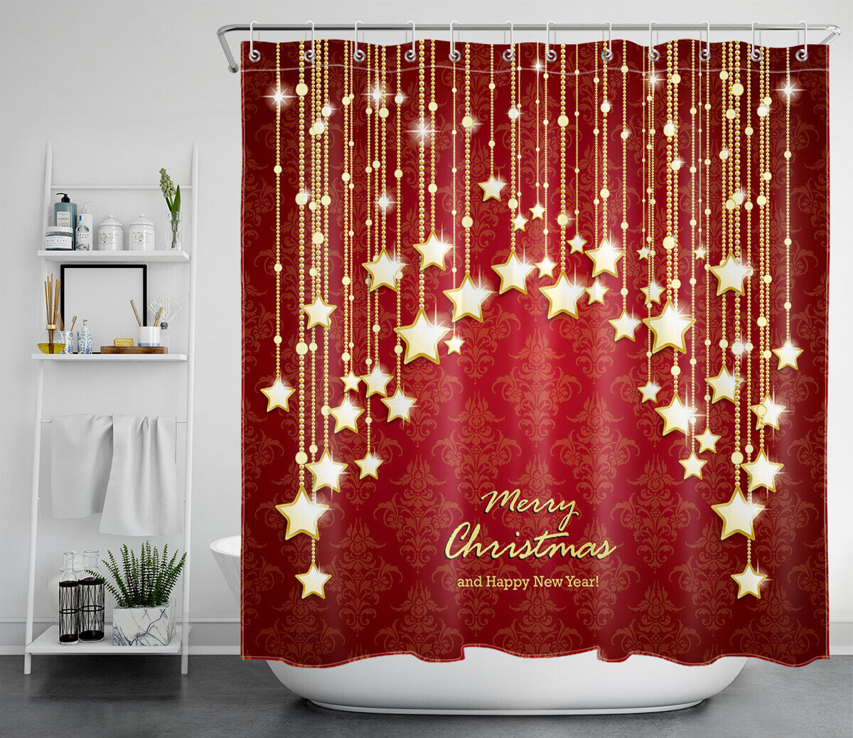 String Star And Red Floral Christmas Shower Curtain - Waterproof Fabric Bathroom Decor - Image 2