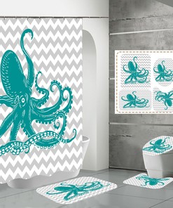 Stripe Octopus Shower Curtain with Ocean Theme - Waterproof Fabric Bathroom Curtain for Home Decor