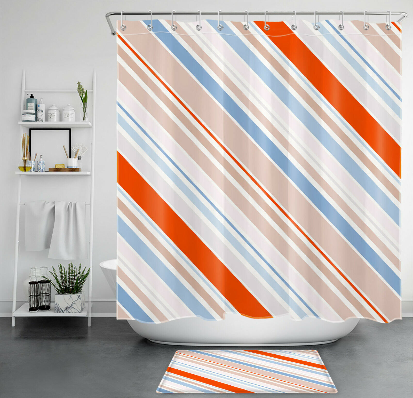 Stripe Shower Curtain Set - Geometric Pattern Bathroom Decor