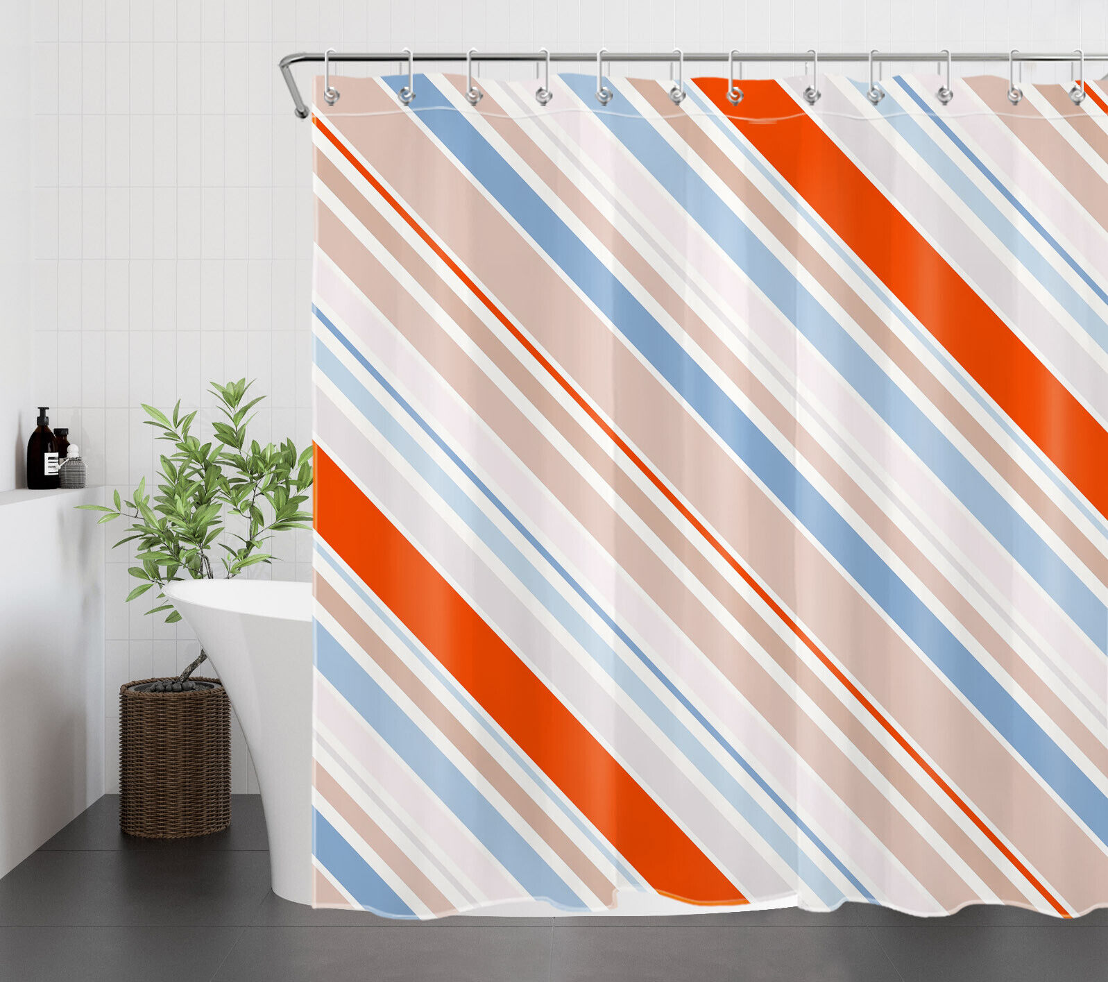 Stripe Shower Curtain Set - Geometric Pattern Bathroom Decor - Image 2