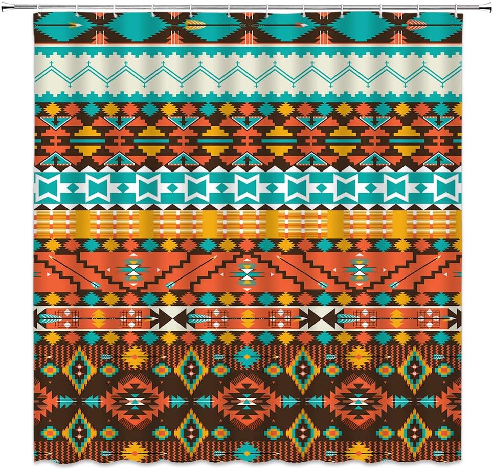 Striped Aztec Shower Curtain With A Retro Tribal Theme