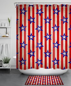 Striped Blue Stars Independence Day Shower Curtain Set With Bathroom Accessories