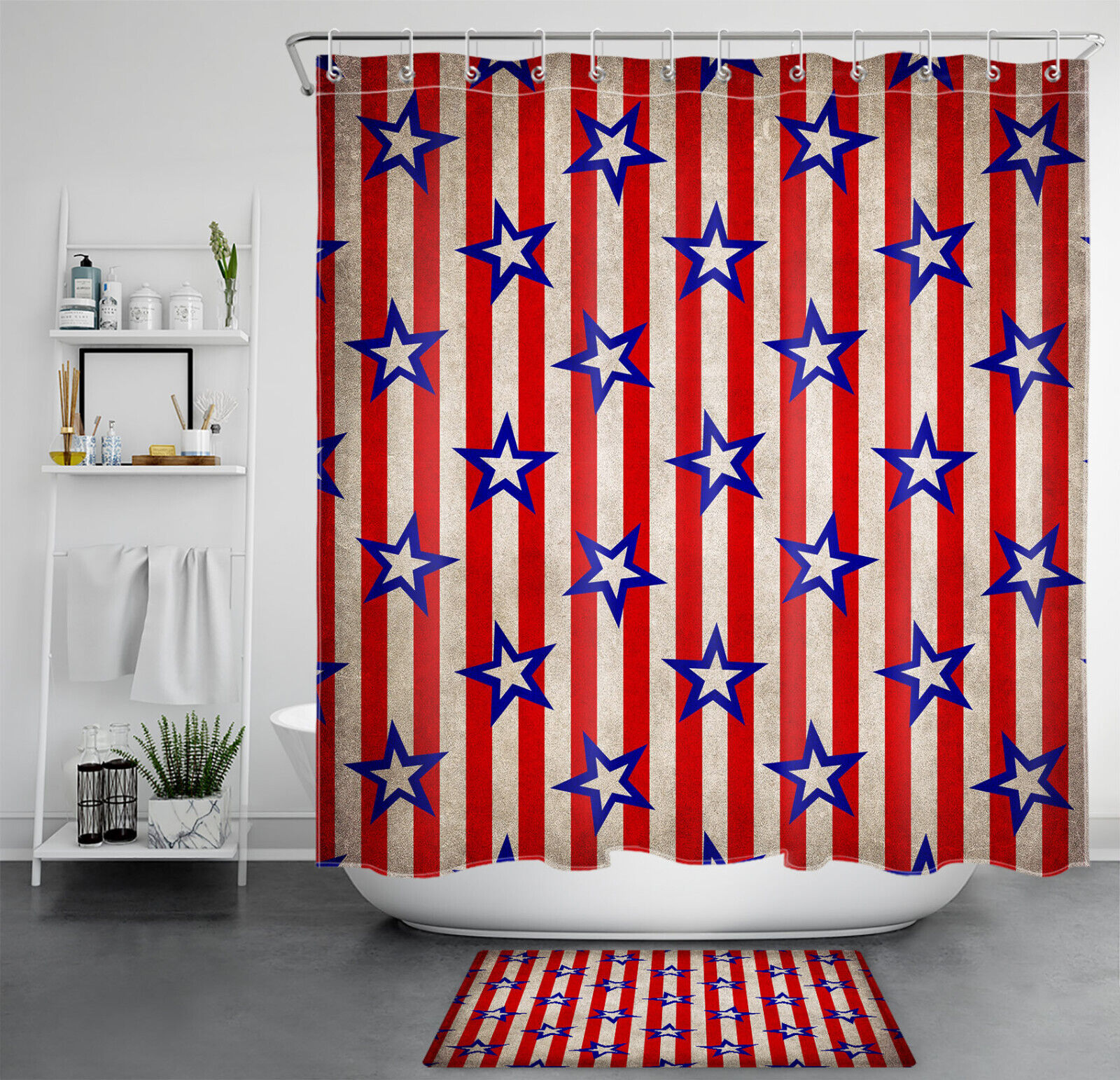Striped Blue Stars Independence Day Shower Curtain Set With Bathroom Accessories