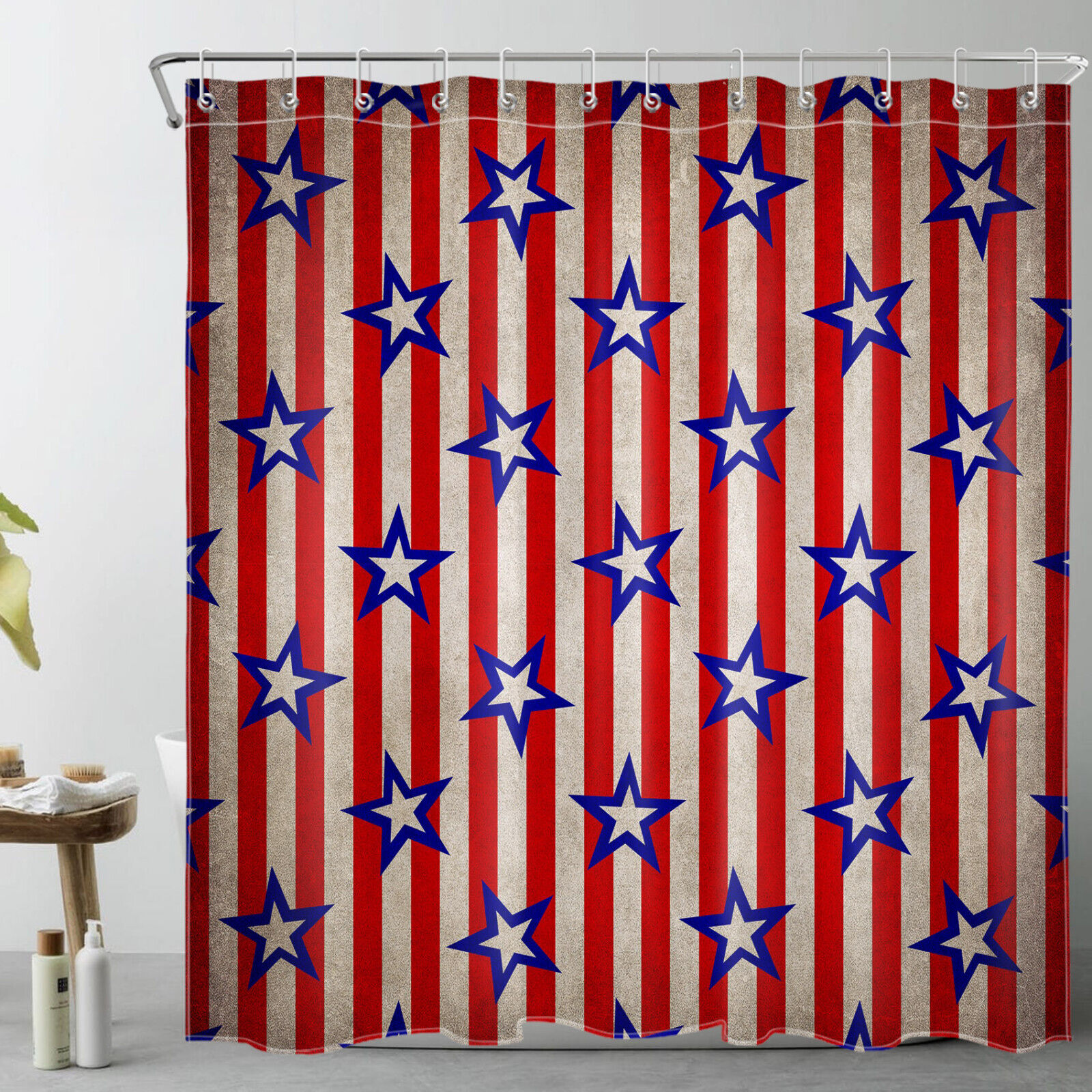 Striped Blue Stars Independence Day Shower Curtain Set With Bathroom Accessories - Image 2