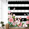 Striped Butterfly Pink Roses Shower Curtain - Feminine Girly Bathroom Curtain