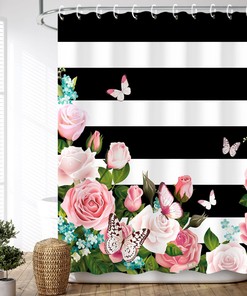Striped Butterfly Pink Roses Shower Curtain - Feminine Girly Bathroom Curtain