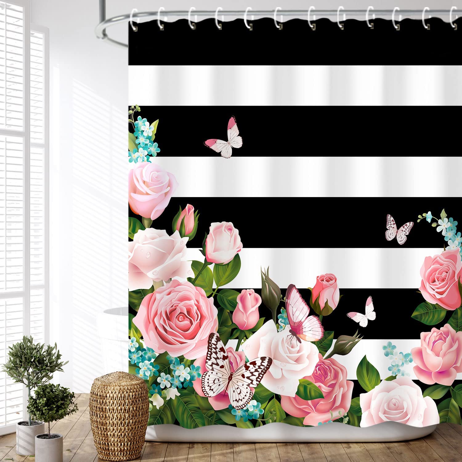 Striped Butterfly Pink Roses Shower Curtain - Feminine Girly Bathroom Curtain
