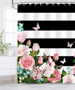Striped Butterfly Pink Roses Shower Curtain - Feminine Girly Bathroom Curtain