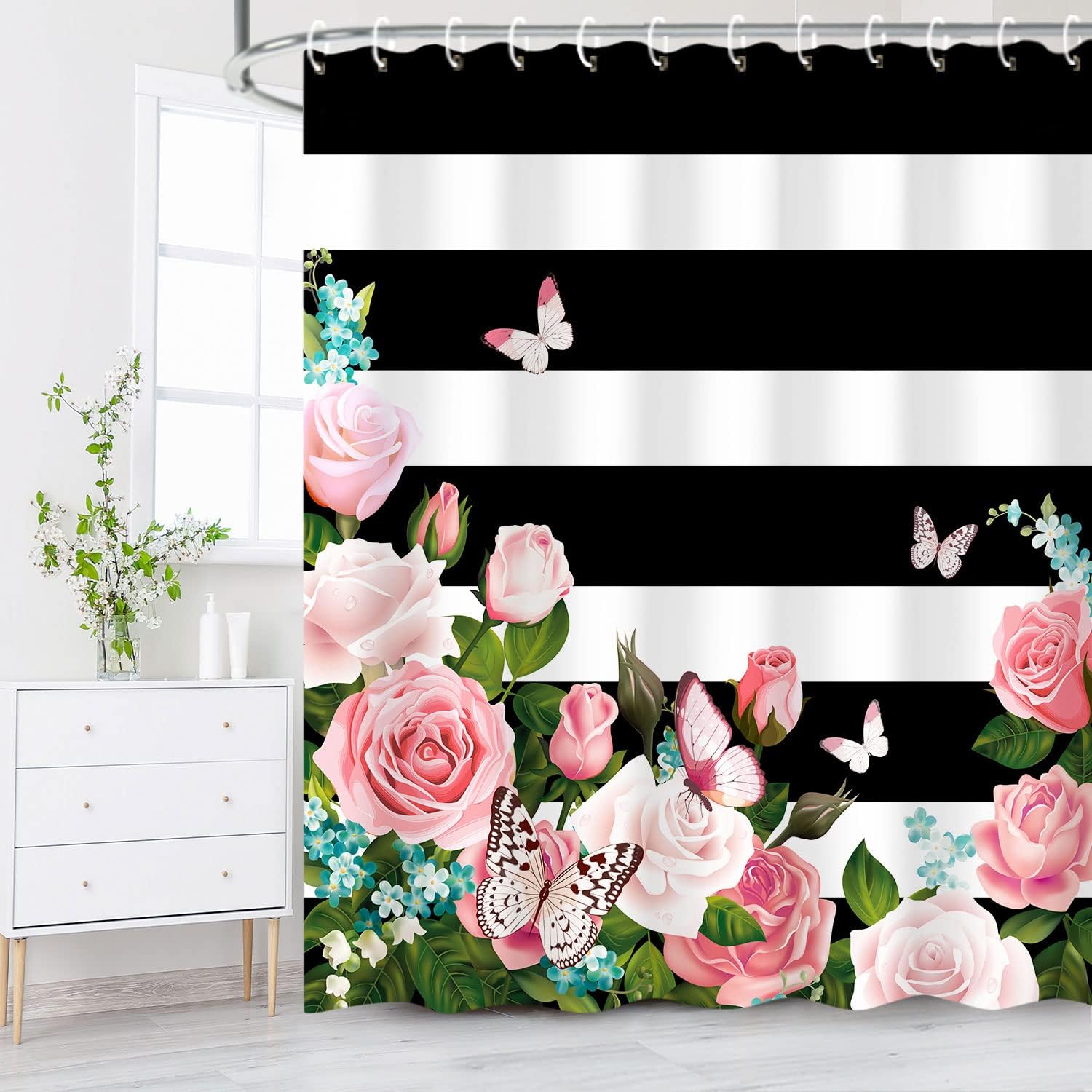 Striped Butterfly Pink Roses Shower Curtain - Feminine Girly Bathroom Curtain