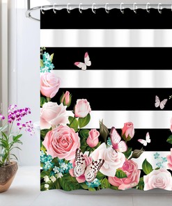 Striped Butterfly Pink Roses Shower Curtain - Feminine Girly Bathroom Curtain