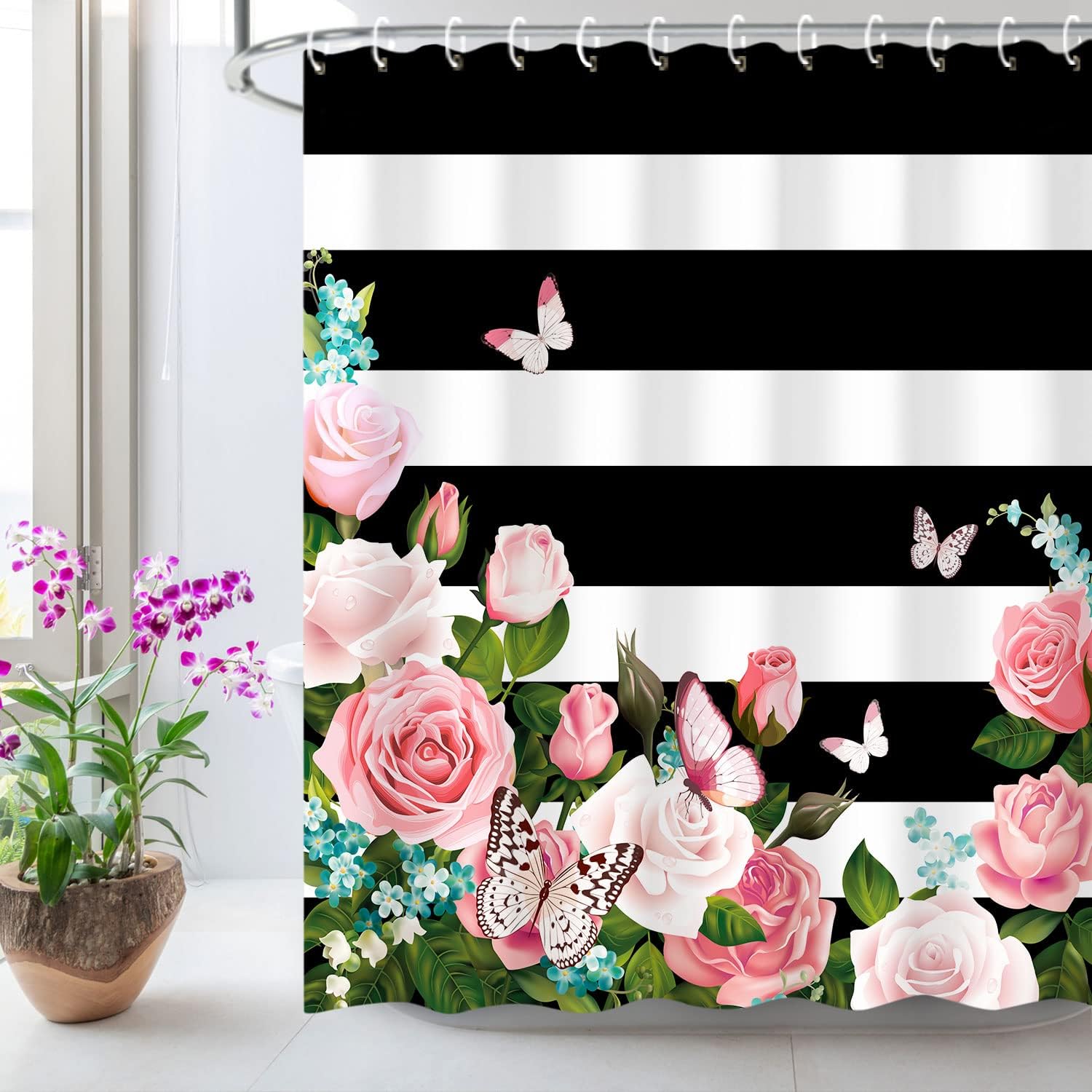 Striped Butterfly Pink Roses Shower Curtain - Feminine Girly Bathroom Curtain