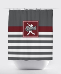 Striped Charcoal, Burgundy, And White Custom Baseball Bathroom Shower Curtain
