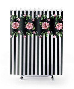 Striped Floral Shower Curtain In Black And White For Dorms, Housewarming And Unique Bathroom Decor
