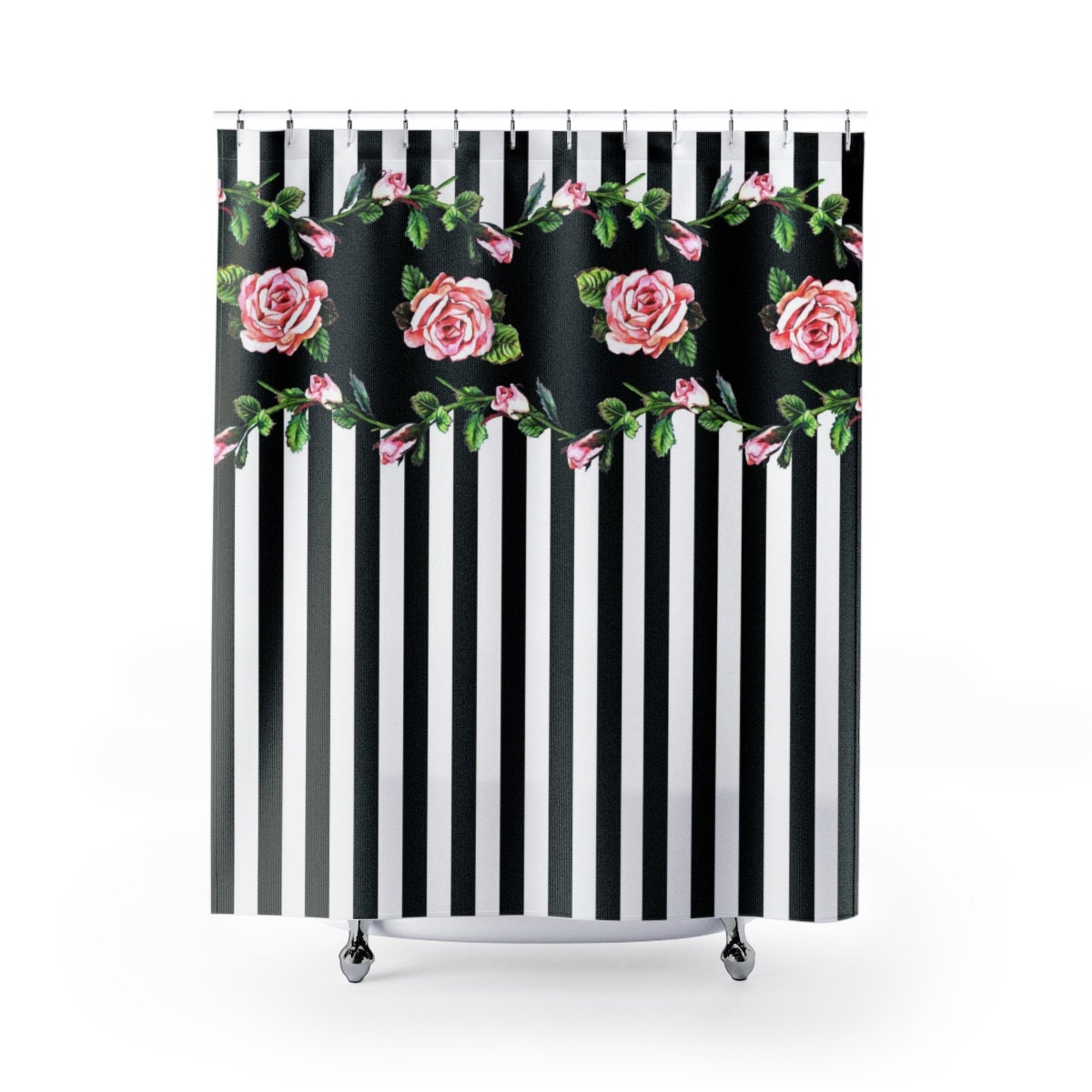 Striped Floral Shower Curtain In Black And White For Dorms, Housewarming And Unique Bathroom Decor
