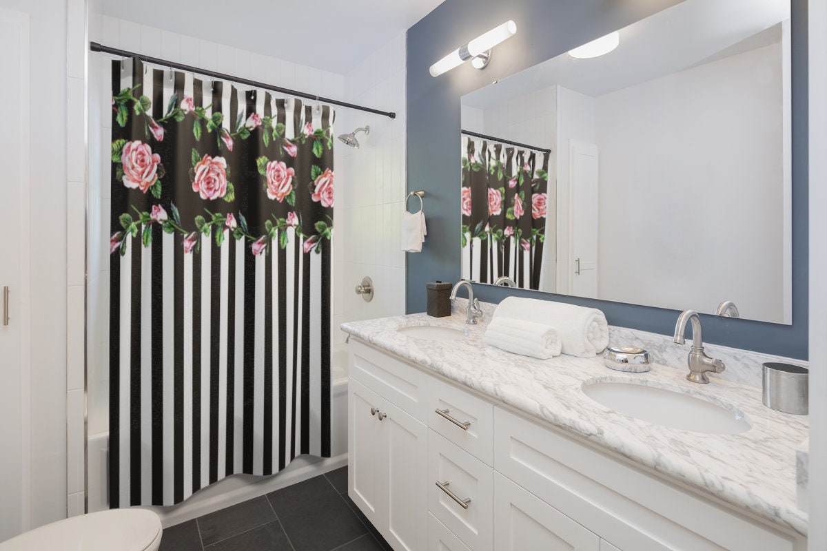 Striped Floral Shower Curtain In Black And White For Dorms, Housewarming And Unique Bathroom Decor - Image 2