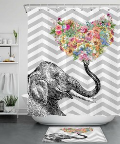 Striped Flower Heart Elephant Printed Shower Curtain: Perfect For A Romantic Bathroom