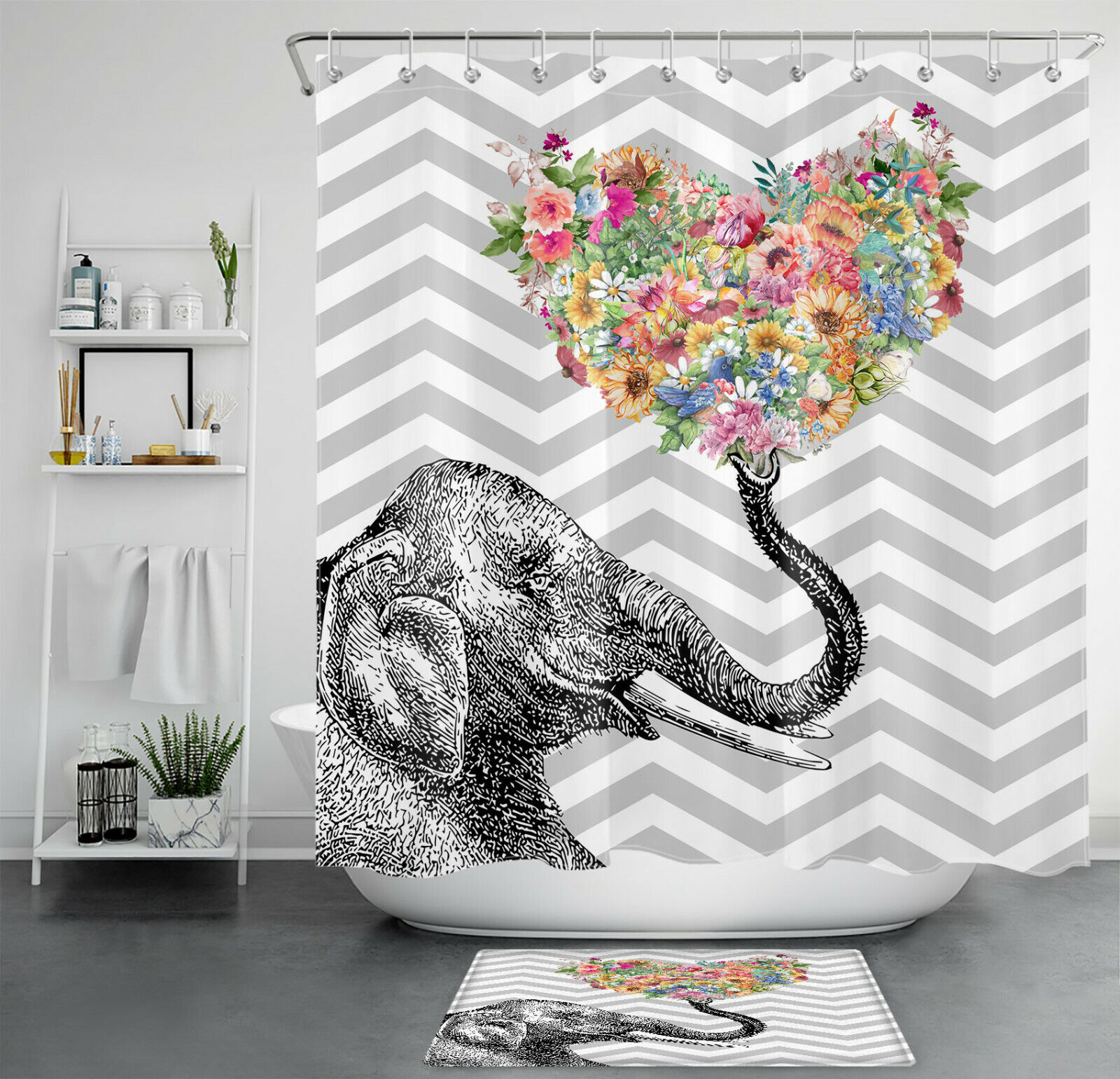 Striped Flower Heart Elephant Printed Shower Curtain: Perfect For A Romantic Bathroom