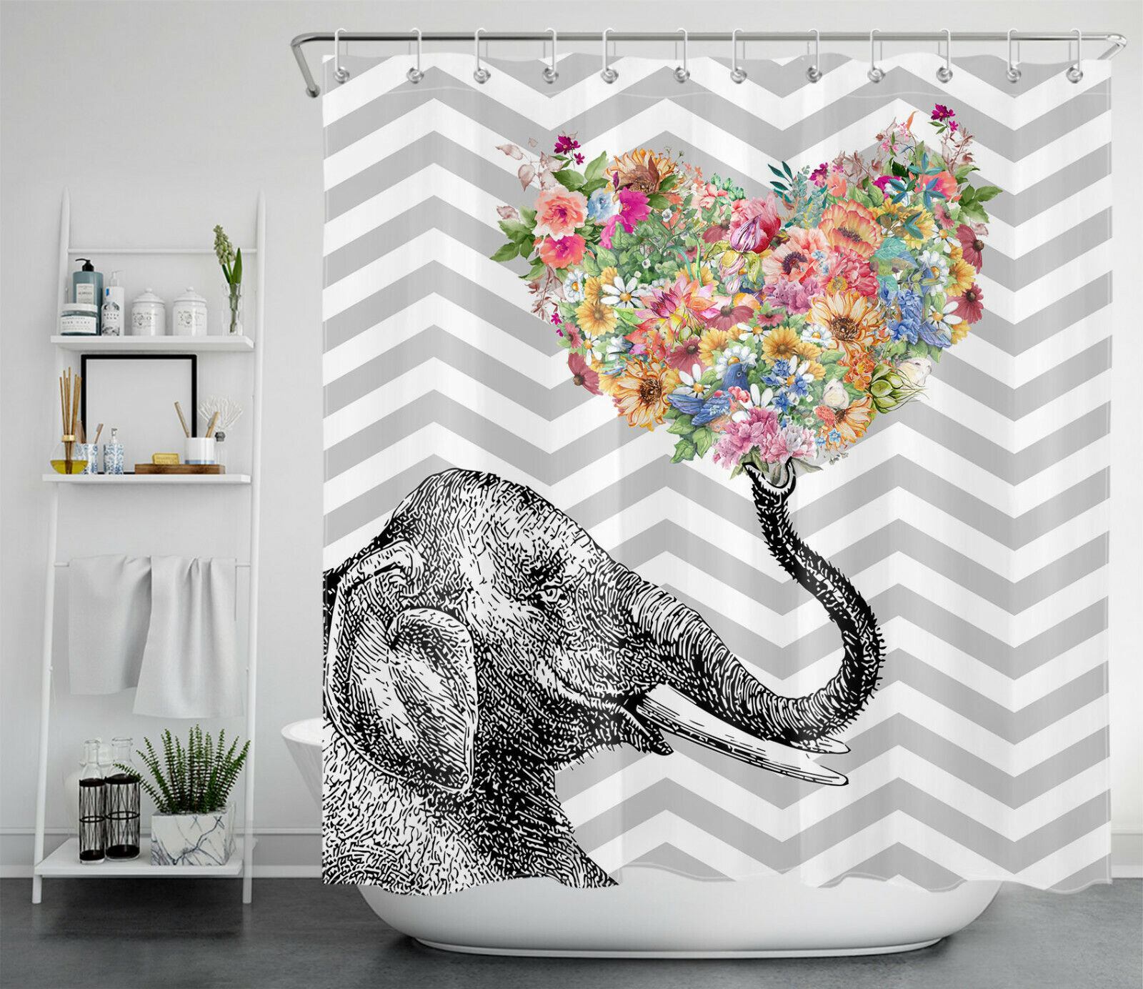 Striped Flower Heart Elephant Printed Shower Curtain: Perfect For A Romantic Bathroom - Image 2
