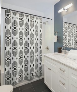 Striped Geometric Shower Curtain with Matching Bathroom Mat - Modern and Stylish Bathroom Decor