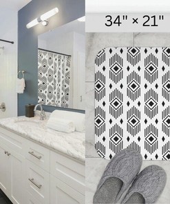 Striped Geometric Shower Curtain with Matching Bathroom Mat - Modern and Stylish Bathroom Decor