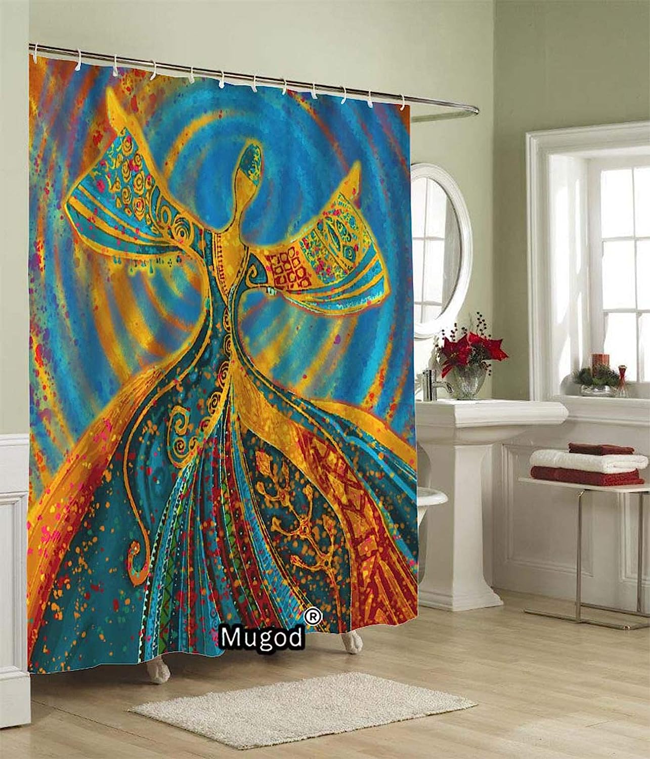 Striped Horse Curtains for a Cheerful Girls Bathroom