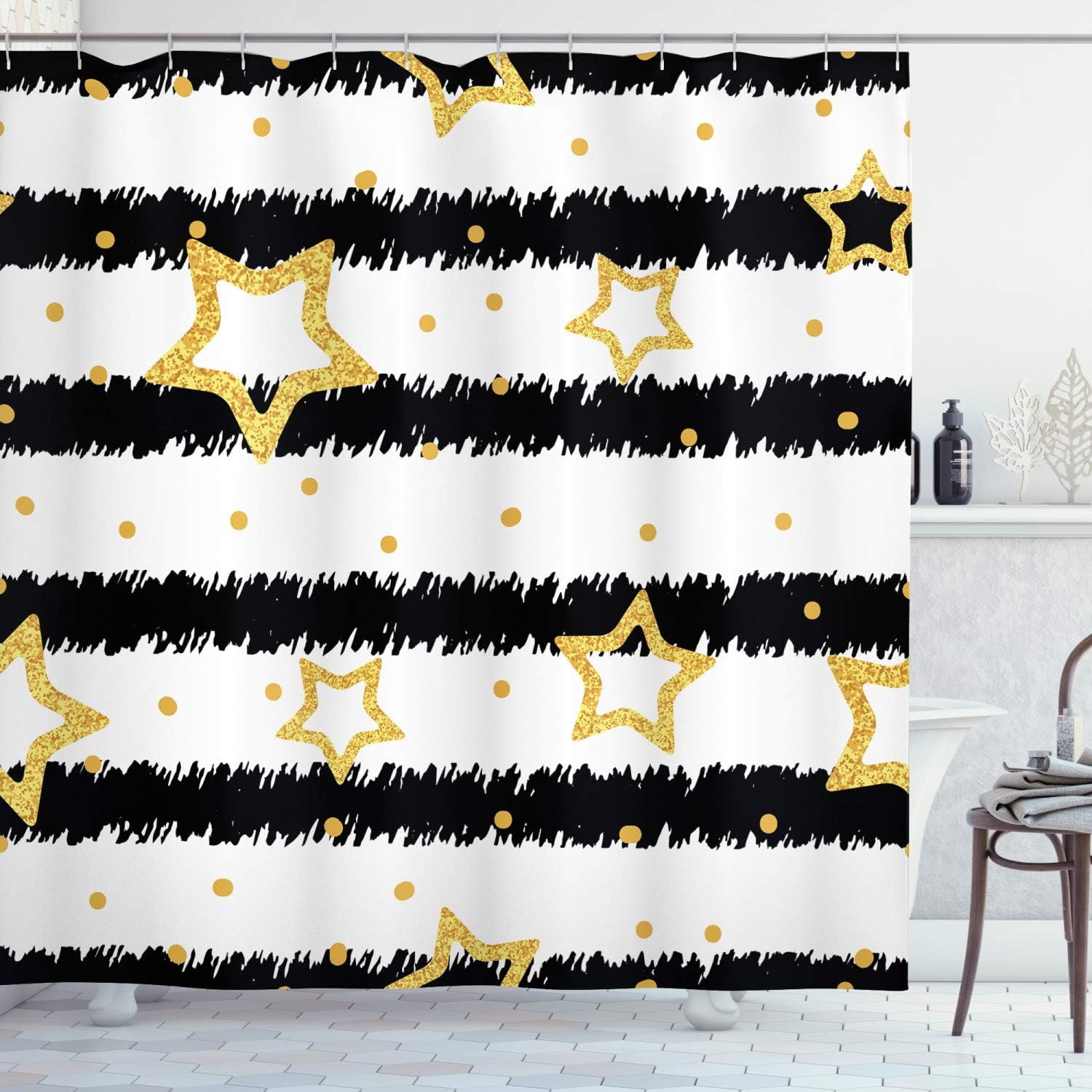 Striped Pattern Celebration Theme Shower Curtain With Stars And Dots