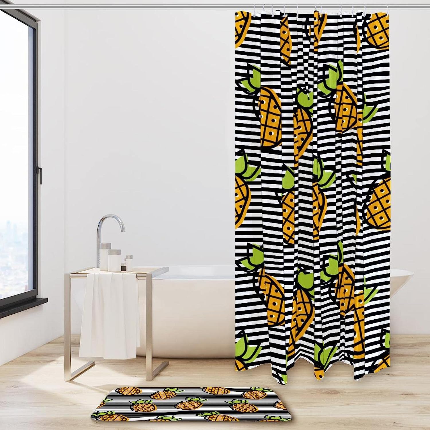 Striped Pineapple Fruit Shower Curtain Set For Colorful Bathrooms