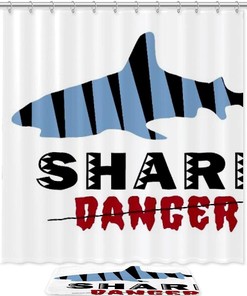 Striped Shark Silhouette Print Shower Curtain For Bathroom Tub Set Perfect For Coastal Decor
