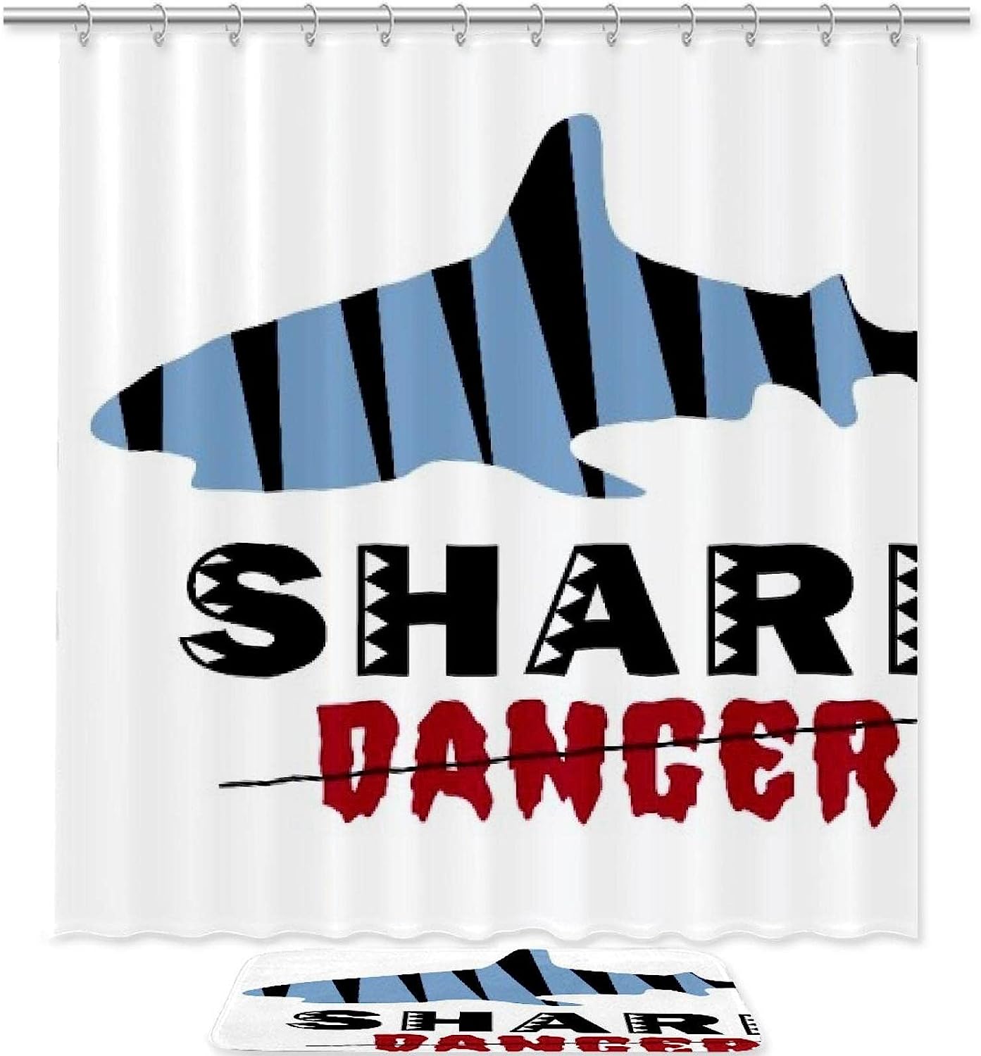 Striped Shark Silhouette Print Shower Curtain For Bathroom Tub Set Perfect For Coastal Decor