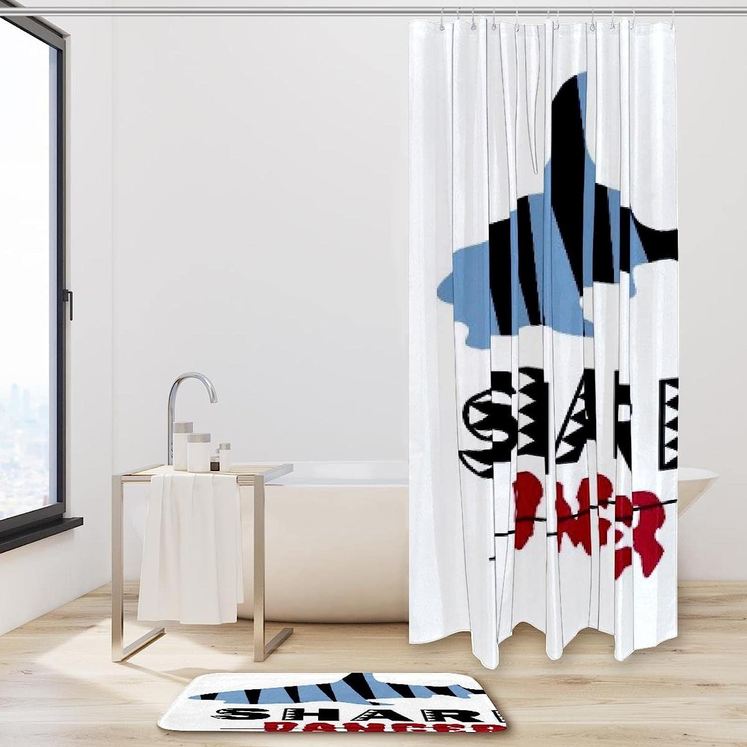 Striped Shark Silhouette Print Shower Curtain For Bathroom Tub Set Perfect For Coastal Decor - Image 2