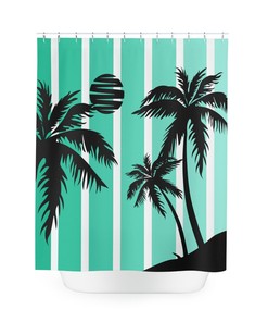 Striped Silhouette Palm Tree Shower Curtain for Beachy Bathroom Decor