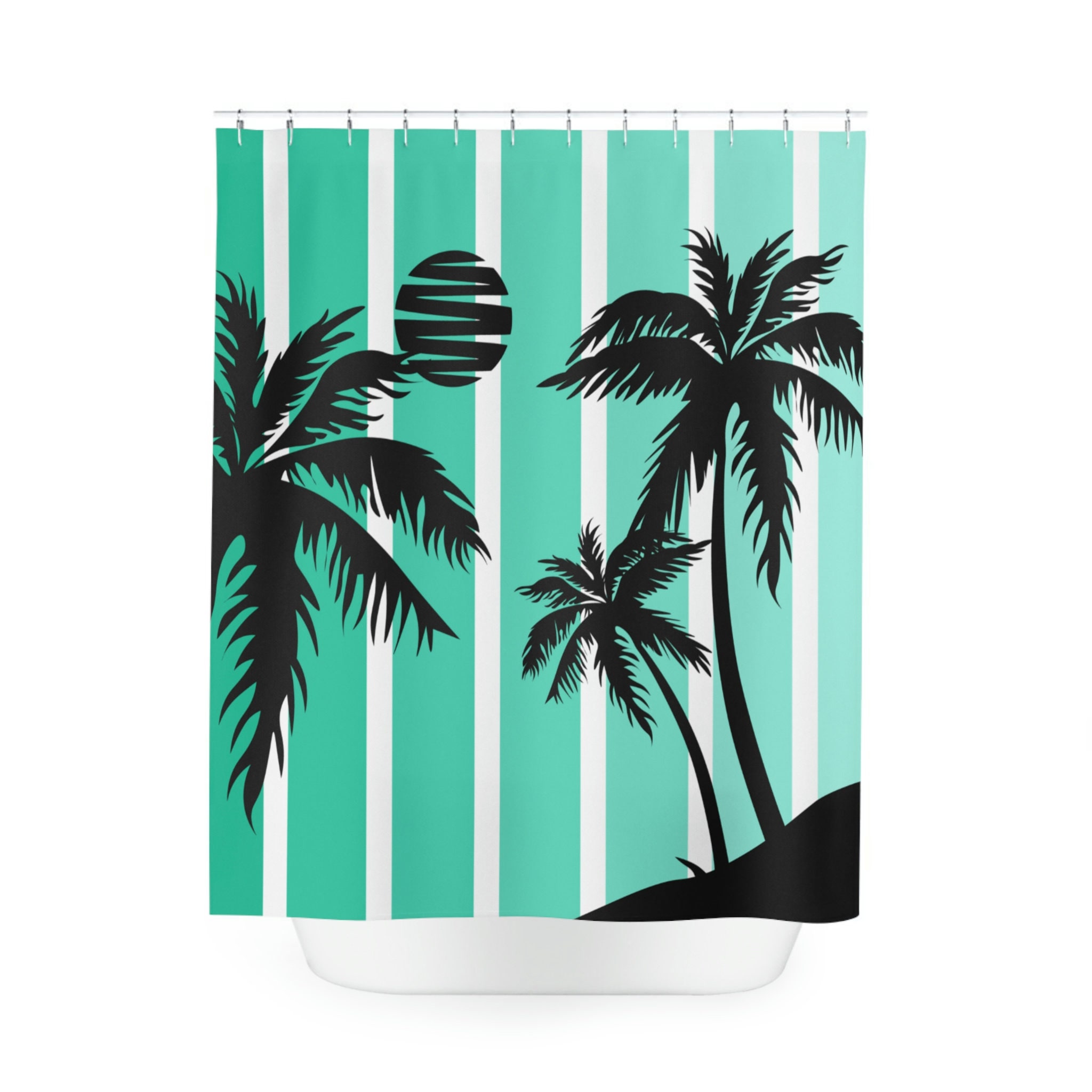 Striped Silhouette Palm Tree Shower Curtain for Beachy Bathroom Decor