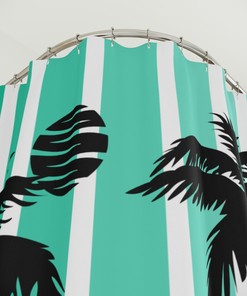 Striped Silhouette Palm Tree Shower Curtain for Beachy Bathroom Decor
