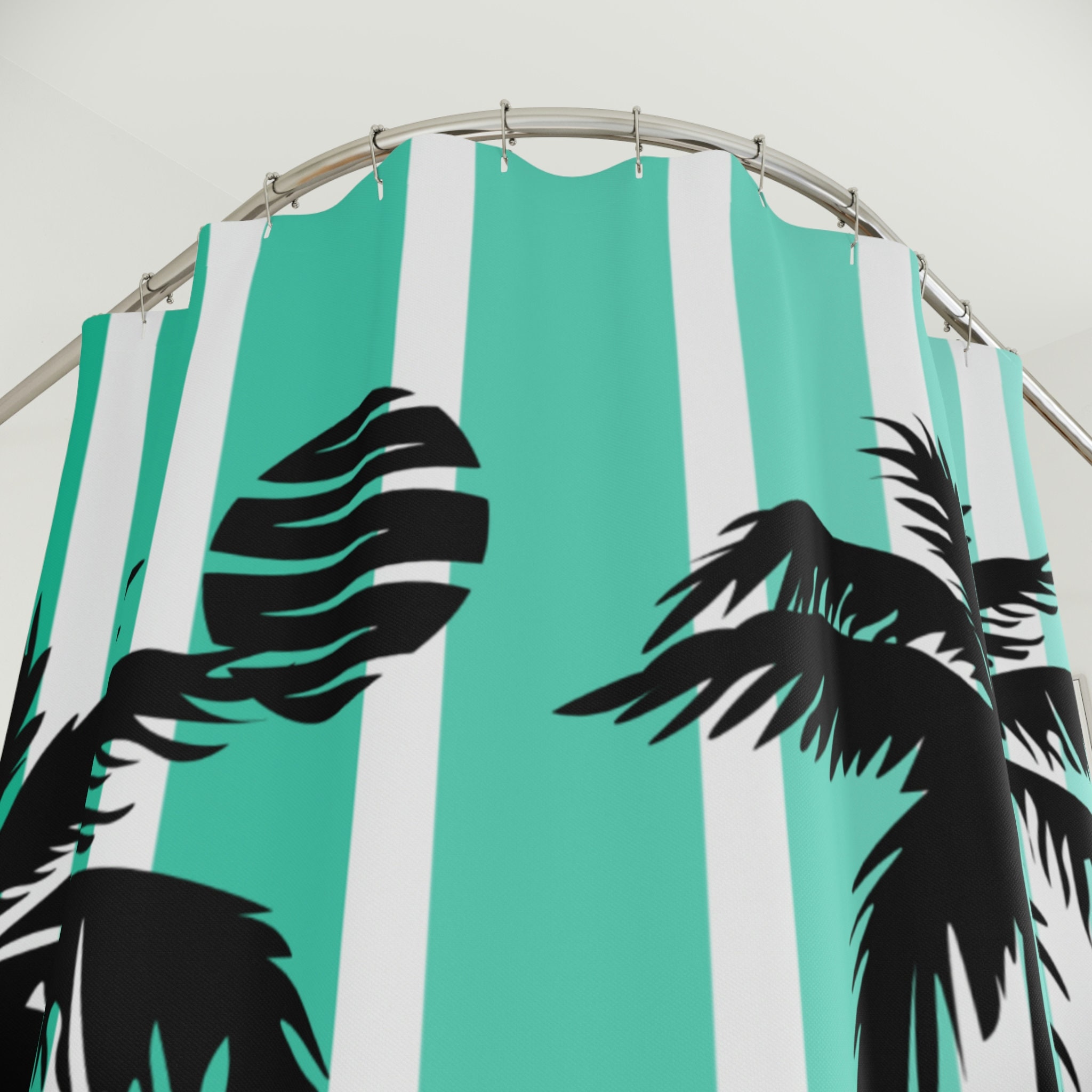 Striped Silhouette Palm Tree Shower Curtain for Beachy Bathroom Decor