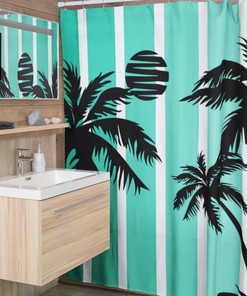 Striped Silhouette Palm Tree Shower Curtain for Beachy Bathroom Decor