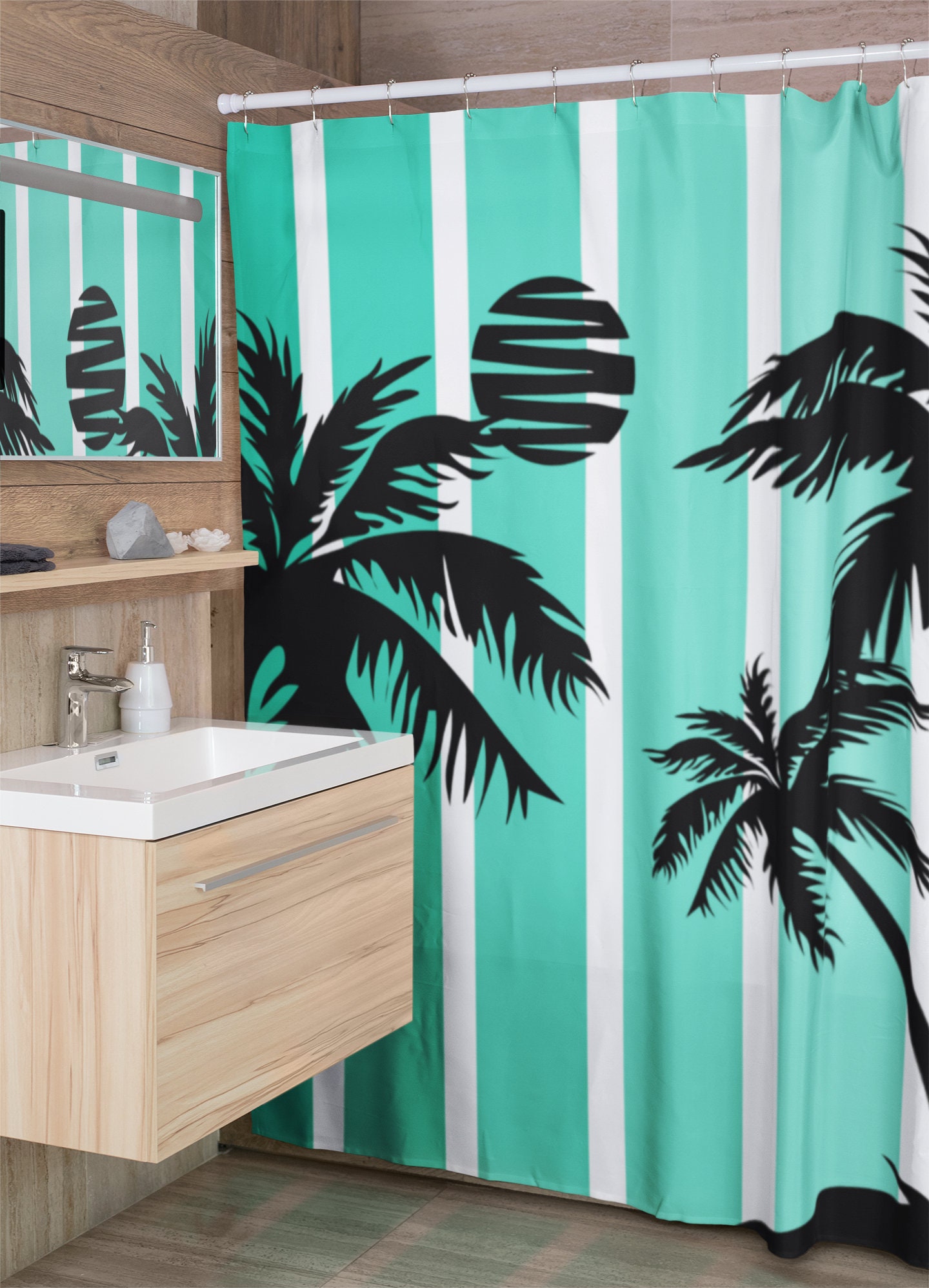 Striped Silhouette Palm Tree Shower Curtain for Beachy Bathroom Decor