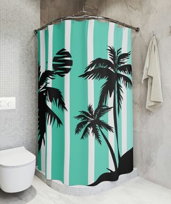 Striped Silhouette Palm Tree Shower Curtain for Beachy Bathroom Decor