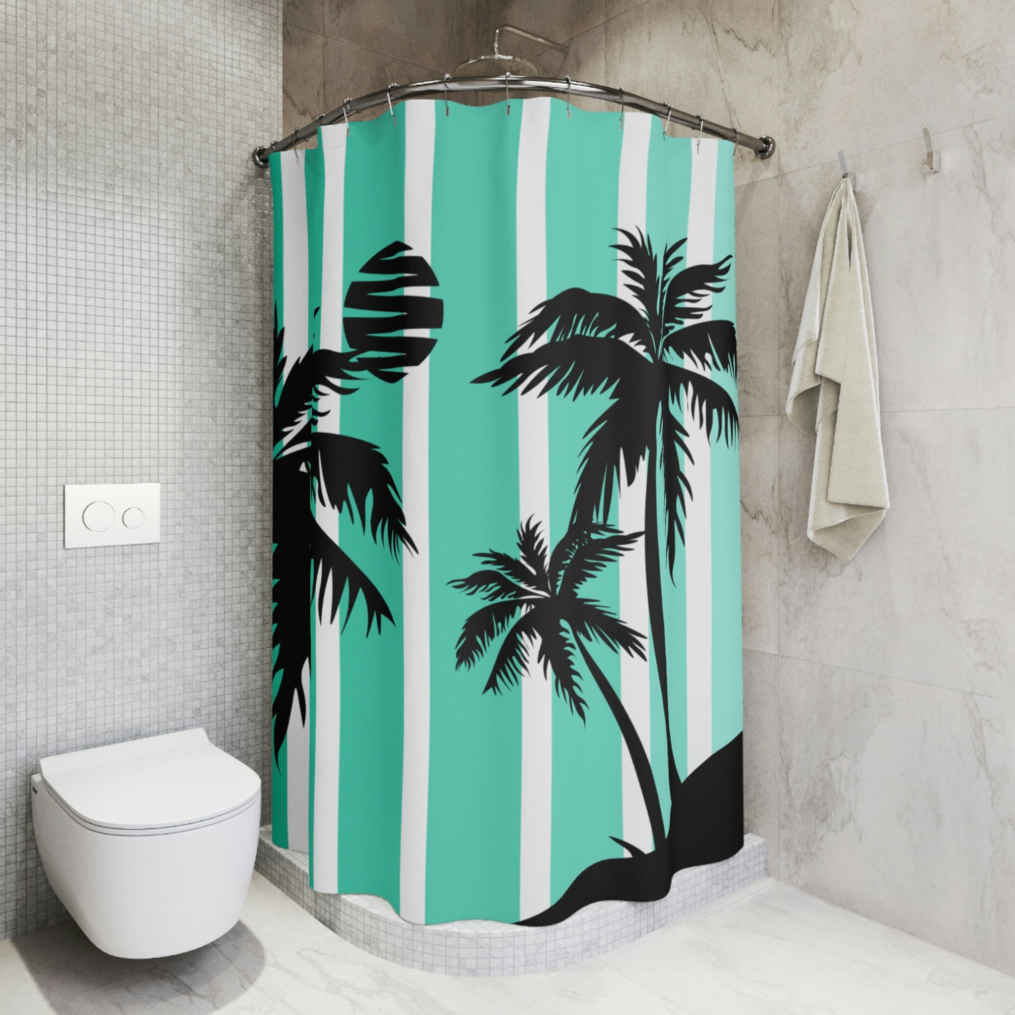 Striped Silhouette Palm Tree Shower Curtain for Beachy Bathroom Decor