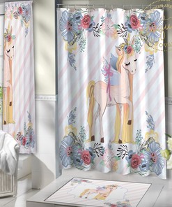 Striped Unicorn and Flower Shower Curtain for Girls Bathroom Decor