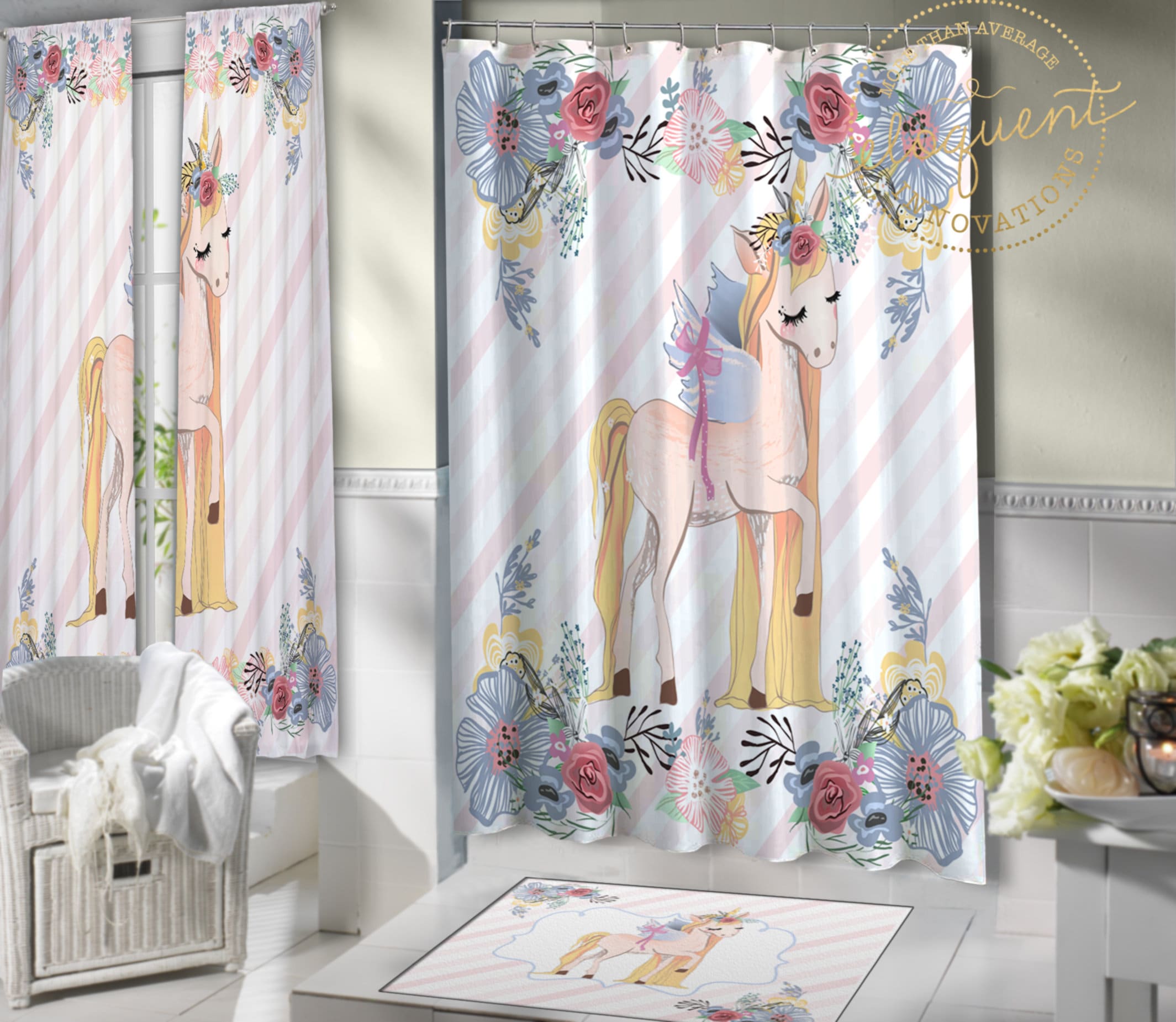 Striped Unicorn and Flower Shower Curtain for Girls Bathroom Decor