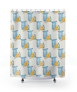 Striped Yellow Rubber Duck Shower Curtain with Cute Toy Design for Playful Bathroom Dcor